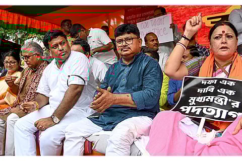 Kolkata rape-murder case: BJP leaders Sukanta Majumder (3L), Locket Chatterjee (L), Dilip Ghosh (2L), Agnimitra Paul (R) and others during a sit in-protest